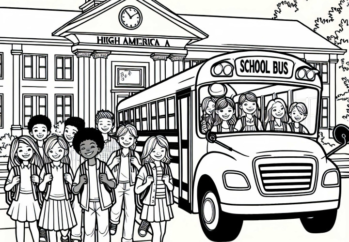 High-quality coloring page with school bus and children in North America High-quality coloring page featuring a school bus and children in North America