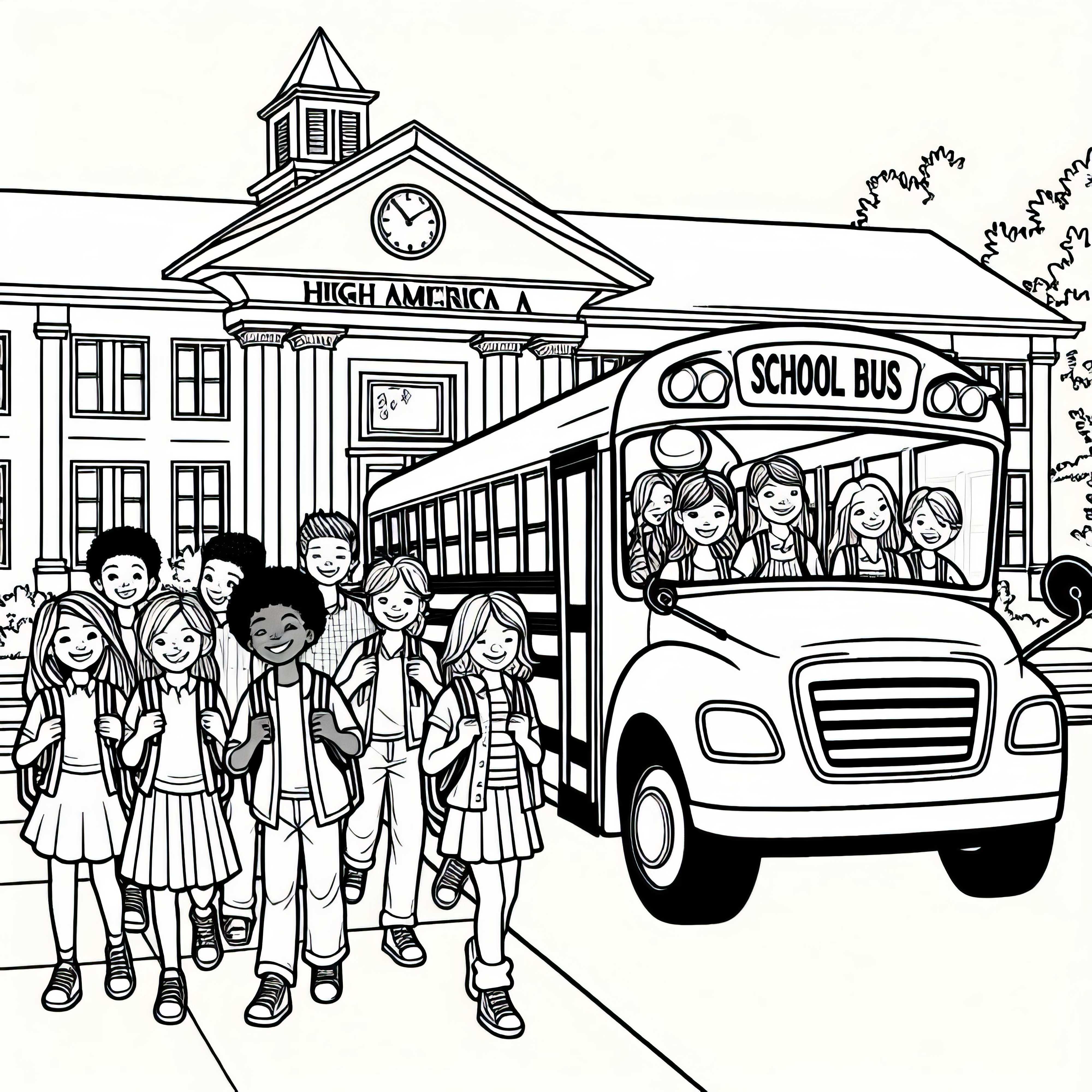 High-quality coloring page with school bus and children in North America High-quality coloring page with school bus and children in North America