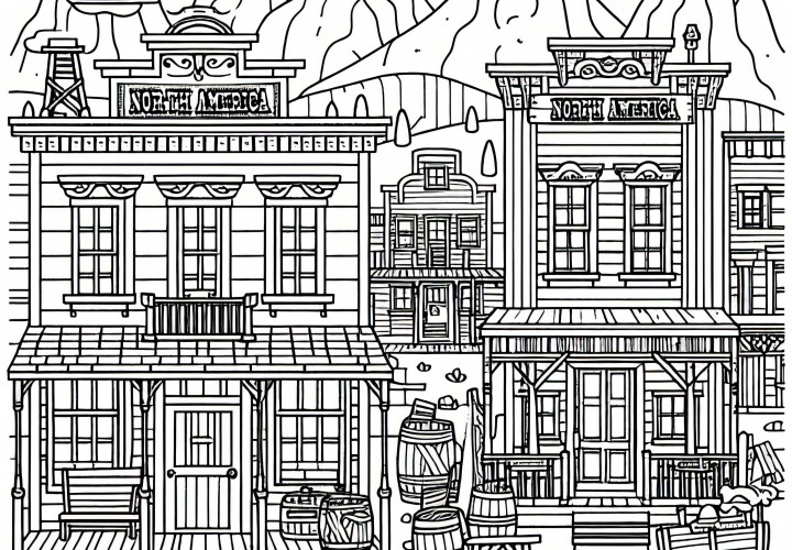 Coloring page of a Western town with a saloon and wooden facades from North America Coloring page of a Western town with a saloon and wooden facades from North America