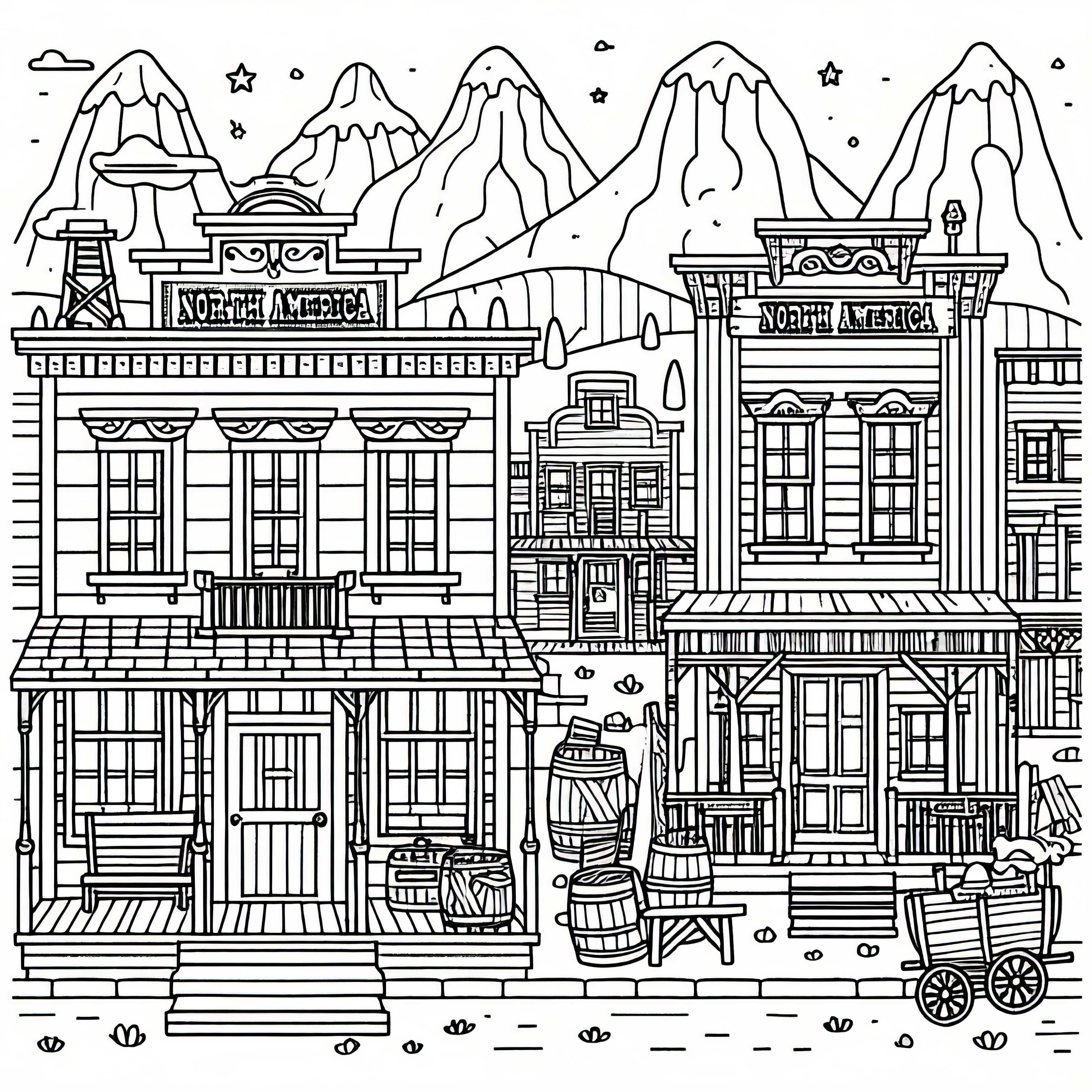 Coloring page of a Western town with a saloon and wooden facades from North America Coloring page of a Western town with a saloon and wooden facades from North America