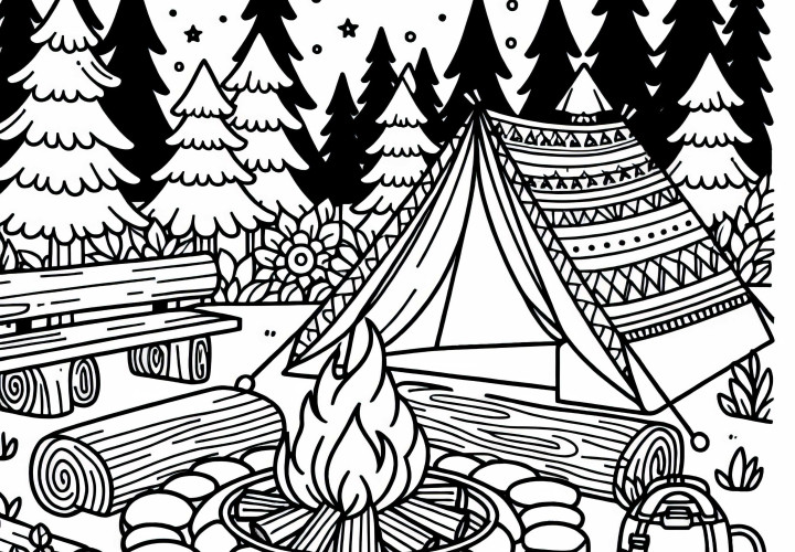 Campfire site with campsite - Free coloring page North America Campfire site with campsite - coloring page North America free