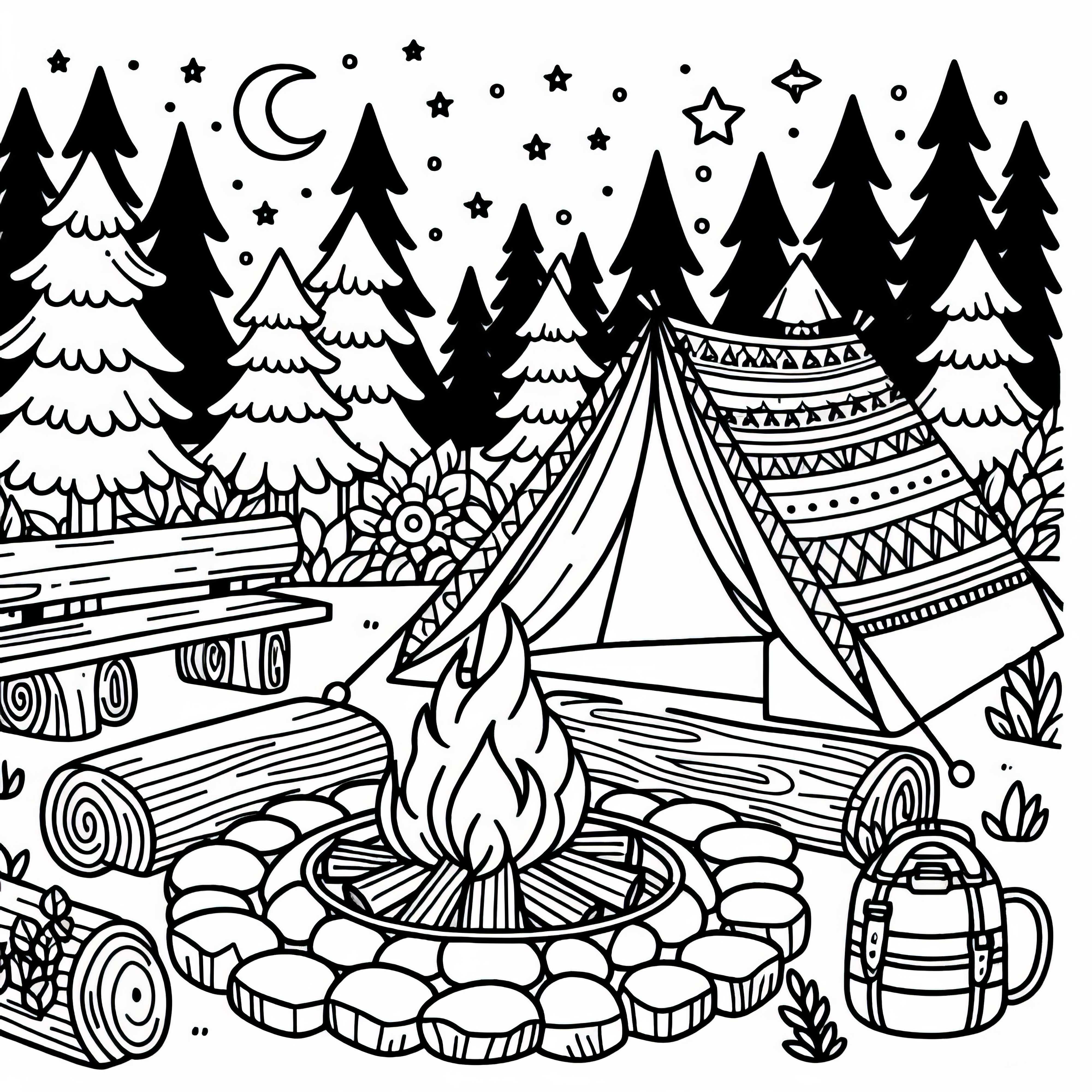 Campfire site with campsite – Coloring page North America free Campfire site with campsite – Coloring page North America free