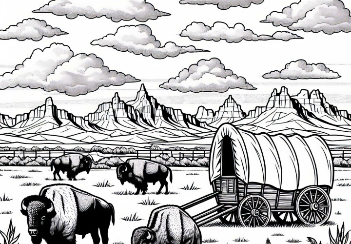 Prairie with bison and wagons – coloring page for North America Prairie with bison and wagons - Coloring page for North America