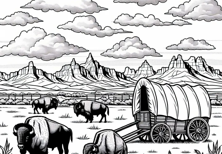 Padang prairie dengan bison dan kereta kuda - Gambar untuk diwarnai untuk Amerika Utara