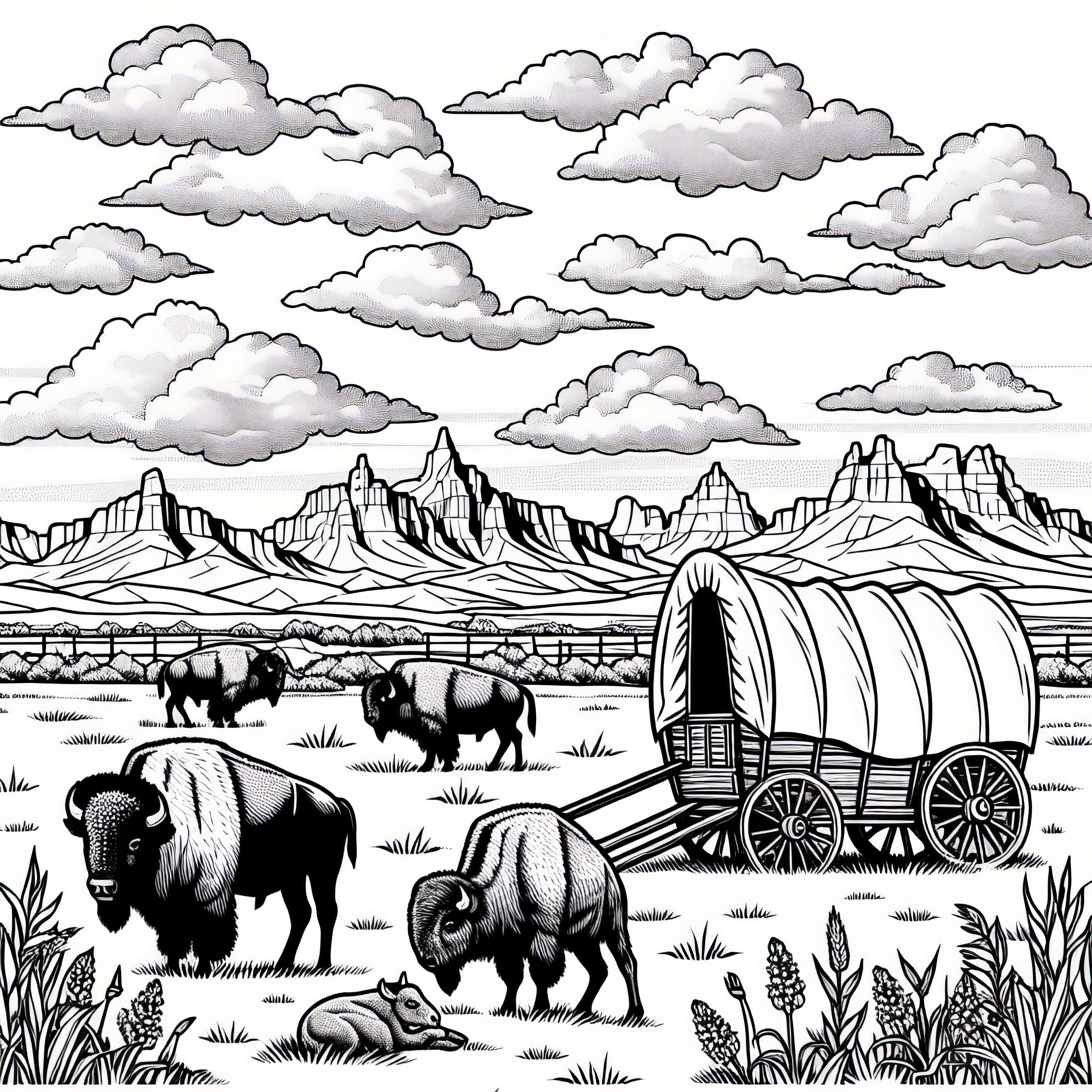 Praerie mit Bisons und Planwagen – Ausmalbild für Nordamerika Praerie mit Bisons und Planwagen – Ausmalbild für Nordamerika