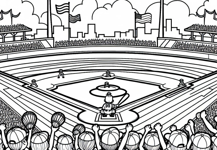Baseball game with cheering kids - Coloring page North America free Baseball game with cheering kids - Coloring page North America free
