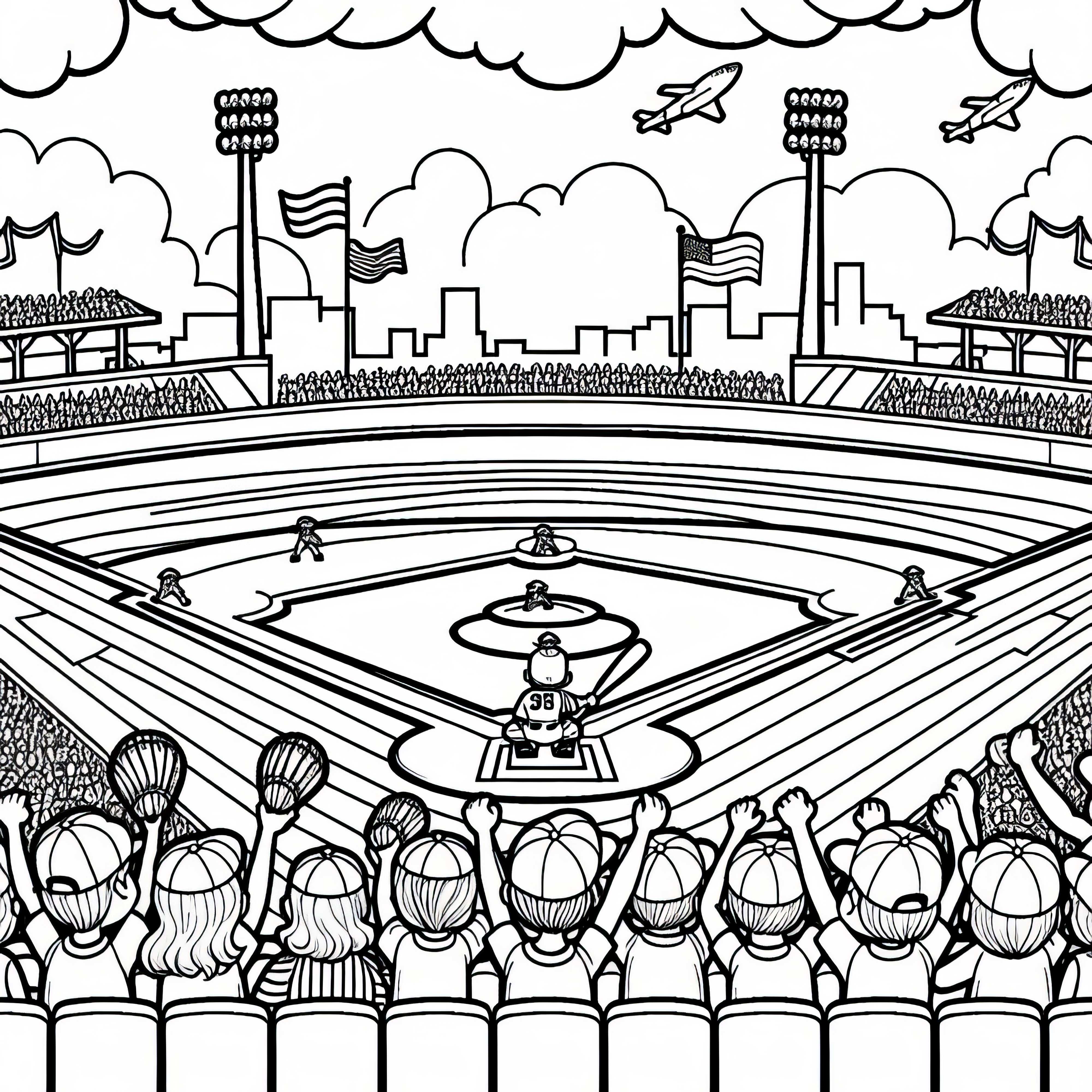 Baseballspiel mit jubelnden Kids - Ausmalbild Nordamerika kostenlos