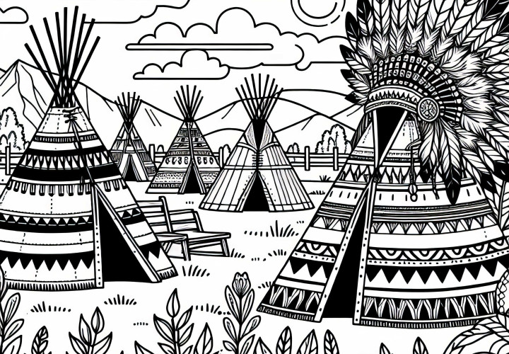 Native American village with tipis – Free coloring page North America Indian village with tipis – Free coloring page North America