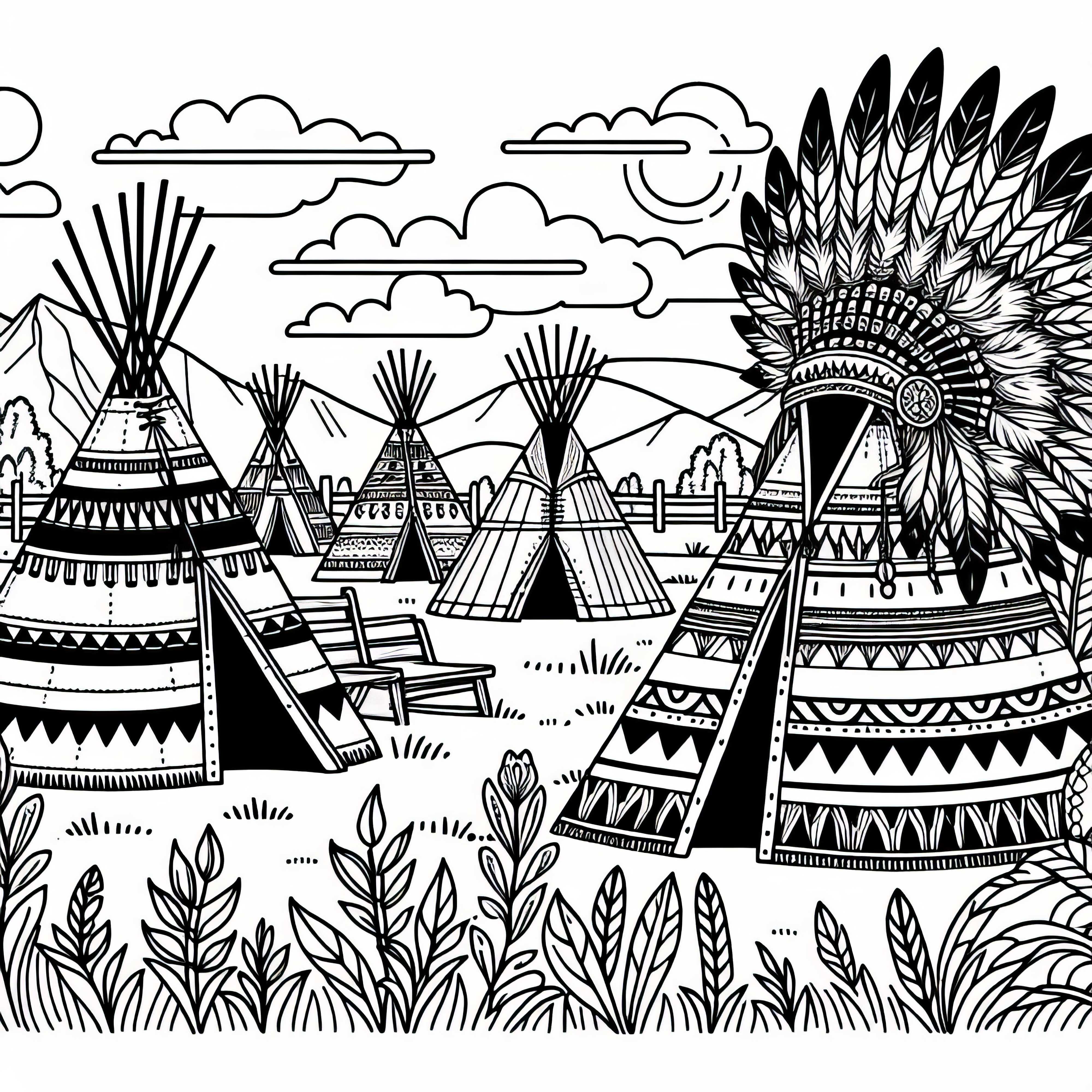 Indian village with tipis – coloring page North America free Indian village with tipis - Free coloring page North America