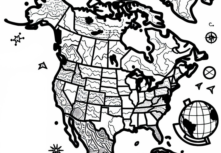 Artistic map of North America available for free download as coloring page Download artistic map of North America as a coloring page for free