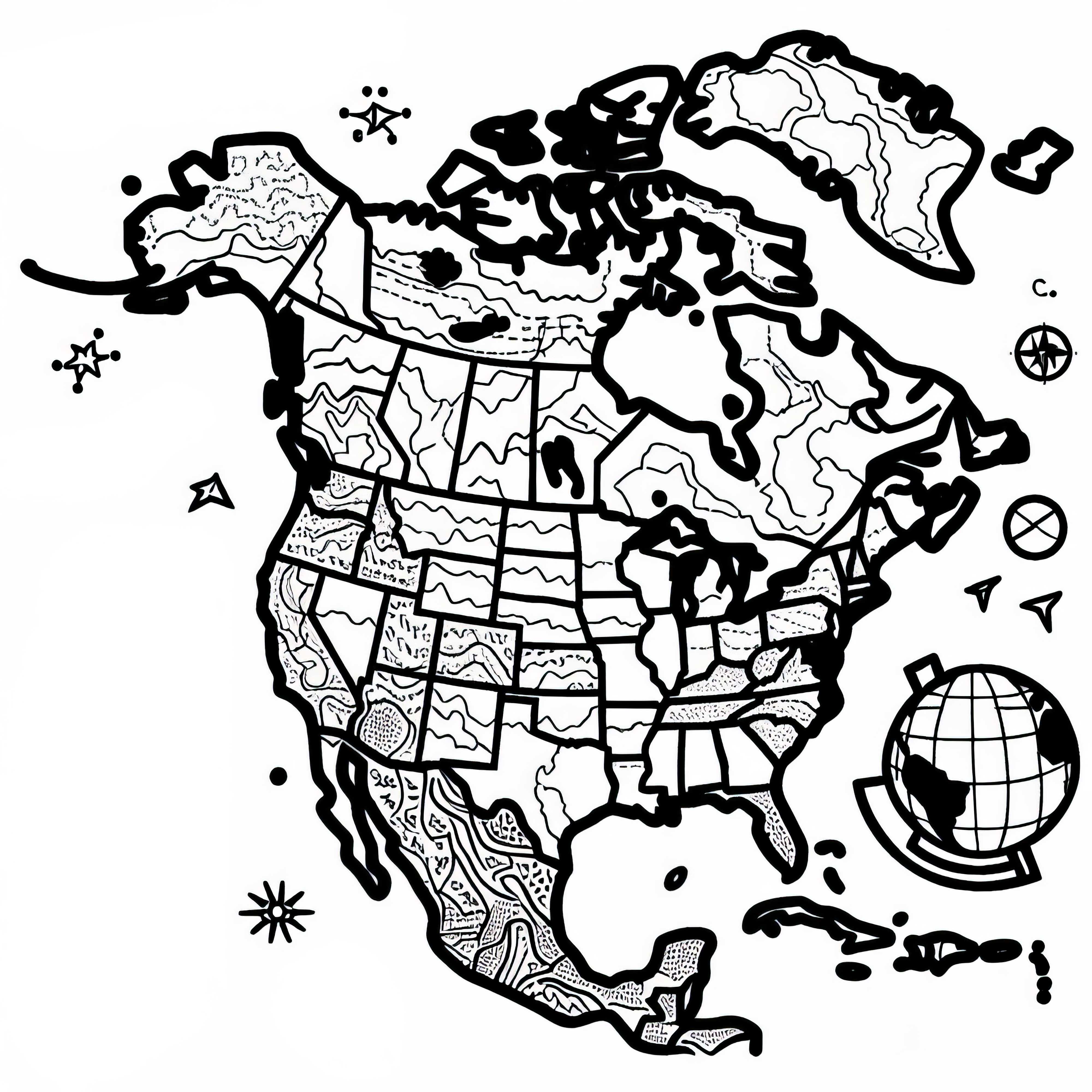 Free download of an artistic map of North America as a coloring page Download a free artistic map of North America as a coloring page