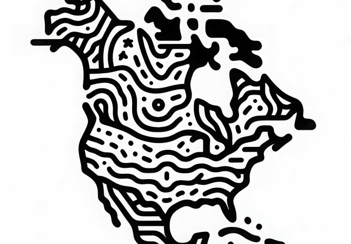 Stylized map of North America as a coloring page for free Stylized map of North America as a coloring page for free