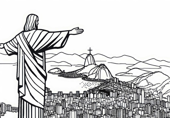 Christ the Redeemer statue on Corcovado in Brazil with city view – coloring page South America free Christ statue on Corcovado in Brazil with city view – Coloring page South America free