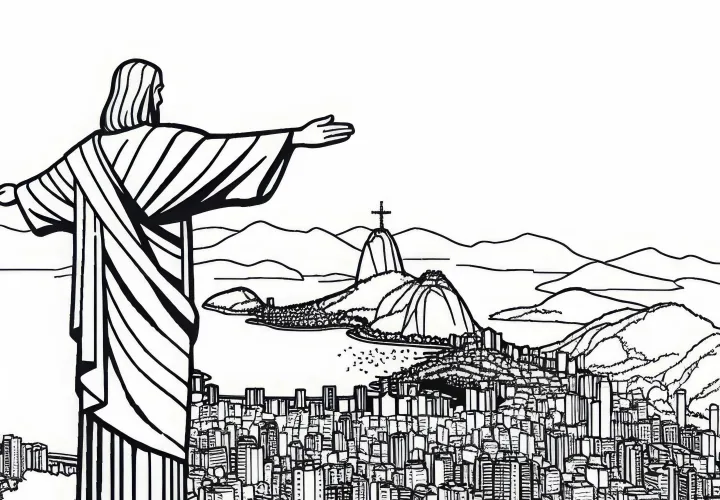 Patung Kristus di Corcovado di Brasilia dengan pemandangan kota - Gambar untuk diwarnai Amerika Selatan gratis