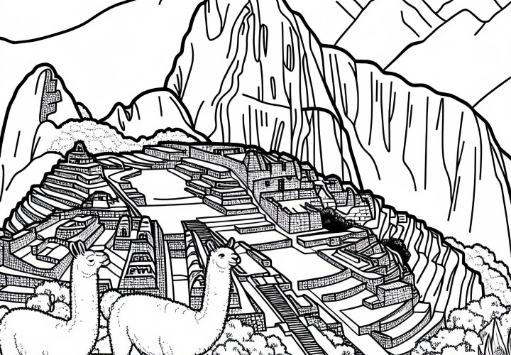Machu Picchu in Peru with llamas and stone steps - South America coloring page for free Machu Picchu in Peru with llamas and stone steps - free South America coloring page
