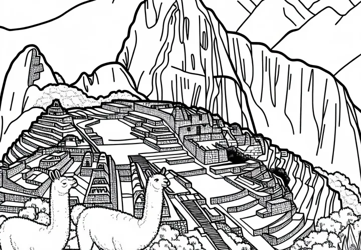 Machu Picchu di Peru dengan llama dan tangga batu - Template mewarnai Amerika Selatan gratis