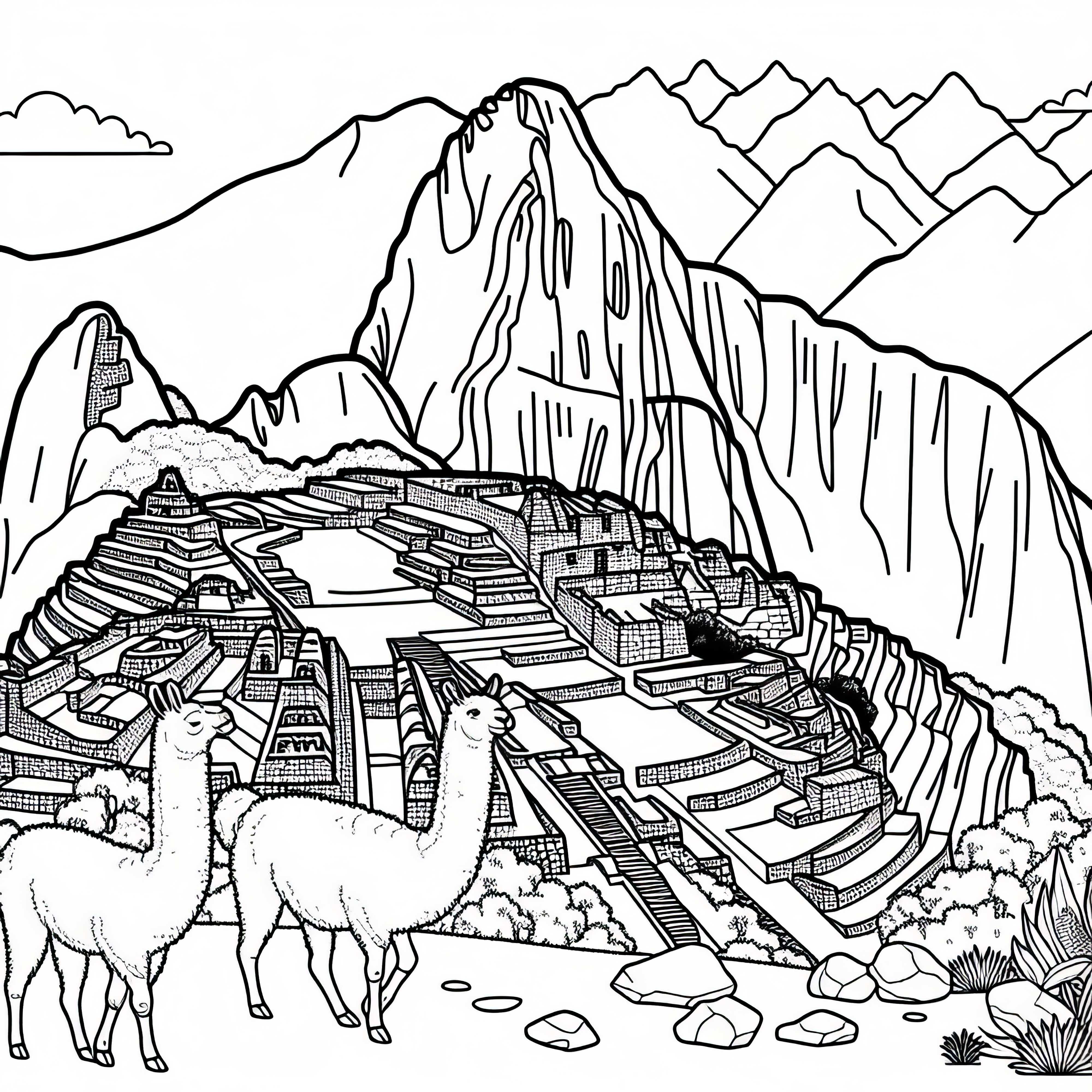 Machu Picchu in Peru with llamas and stone steps – free coloring page South America Machu Picchu in Peru with llamas and stone steps – Free coloring page South America