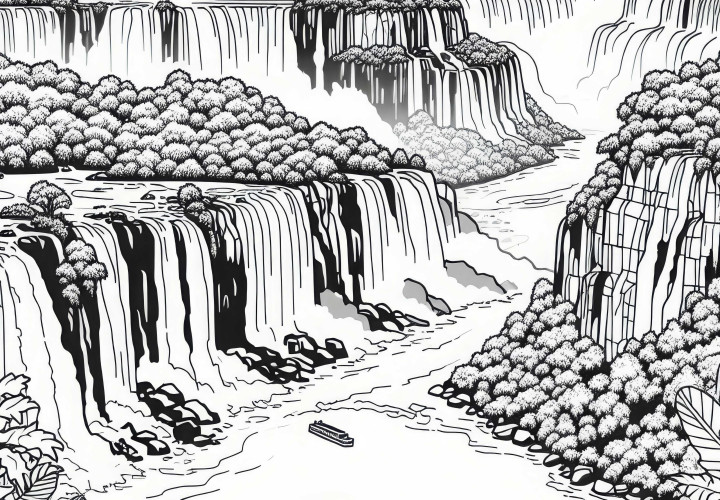 Iguazú Falls in Argentina and Brazil with rainforest – Free coloring page South America Iguazú Falls in Argentina and Brazil with rainforest – South America coloring page free