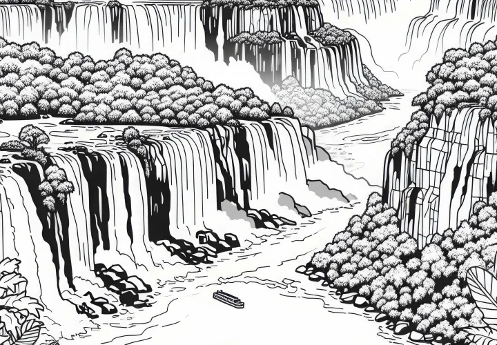 Air Terjun Iguazú di Argentina dan Brasil dengan hutan hujan – Template mewarnai Amerika Selatan gratis