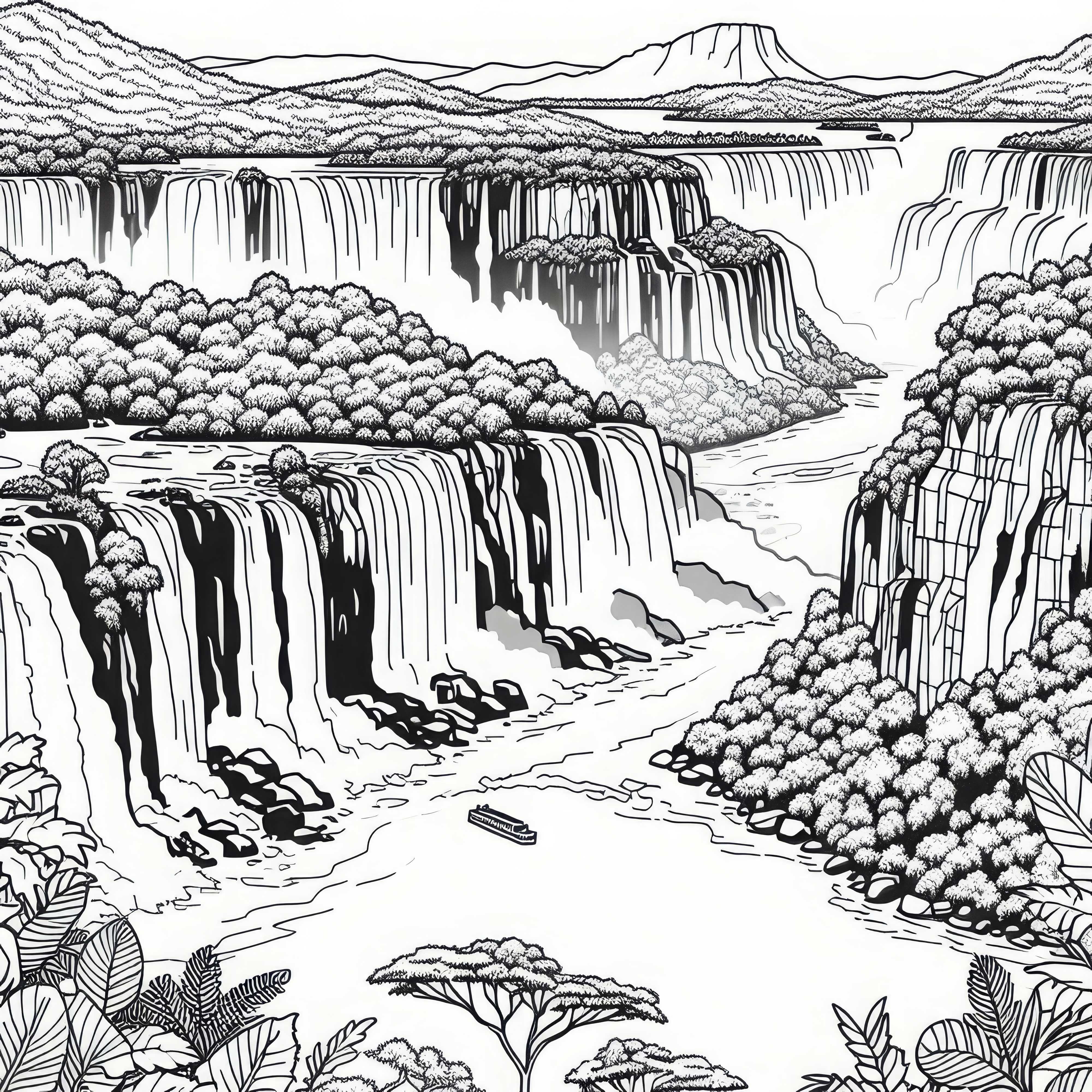 Iguazú Falls in Argentina and Brazil with rainforest - Free coloring page South America Iguazú Falls in Argentina and Brazil with rainforest – Free coloring page South America