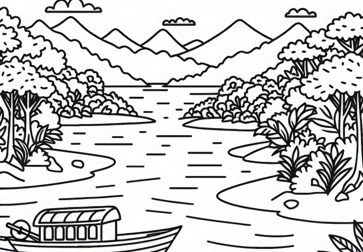 Amazon with boat, river and jungle - coloring page South America free Amazon with boat, river, and jungle – free coloring page South America