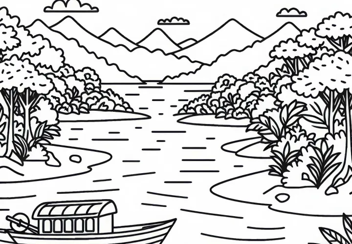 Amazon dengan perahu, sungai, dan hutan – Gambar mewarnai Amerika Selatan gratis