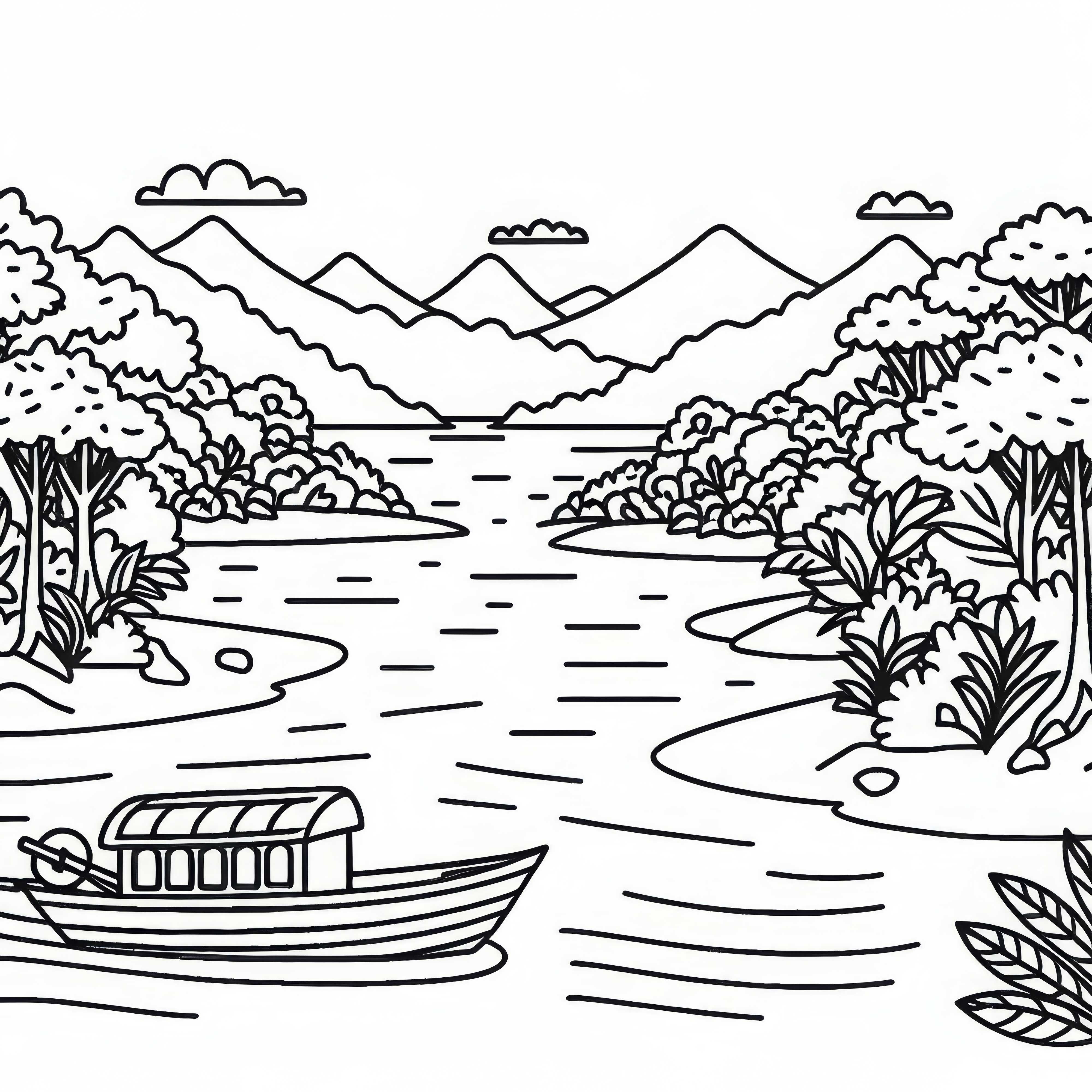 Amazonas mit Boot, Fluss und Dschungel – Ausmalbild Südamerika gratis Amazonas mit Boot, Fluss und Dschungel – Ausmalbild Südamerika gratis