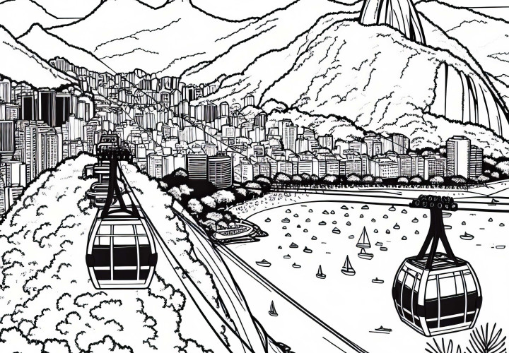 Sugarloaf Mountain in Rio with cable car - Free download coloring page South America Sugarloaf Mountain in Rio with Cable Car - Free Coloring Page Download South America