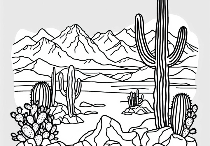 Coloring page of the Atacama Desert in Chile with cacti and rocks – free motif from South America Coloring page of the Atacama Desert in Chile with cacti and rocks – Free motif from South America