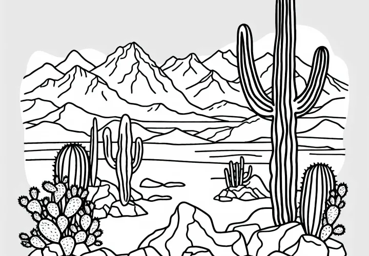 Gambar mewarnai Gurun Atacama di Chili dengan kaktus dan bebatuan – Tema gratis dari Amerika Selatan