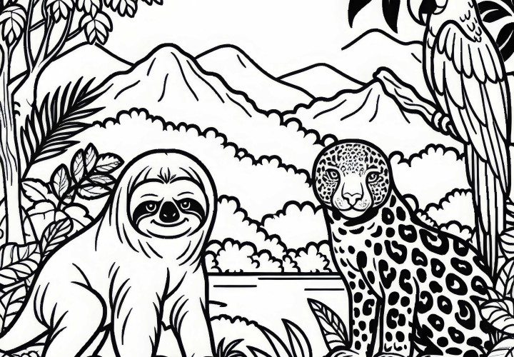 Coloring page of a rainforest with a sloth, parrot, and jaguar from South America – Download for free Coloring page of rainforest with sloth, parrot, and jaguar from South America - Free download