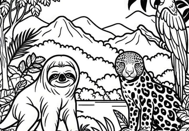 Gambar mewarnai hutan hujan dengan sloth, burung beo, dan jaguar dari Amerika Selatan - Unduh gratis