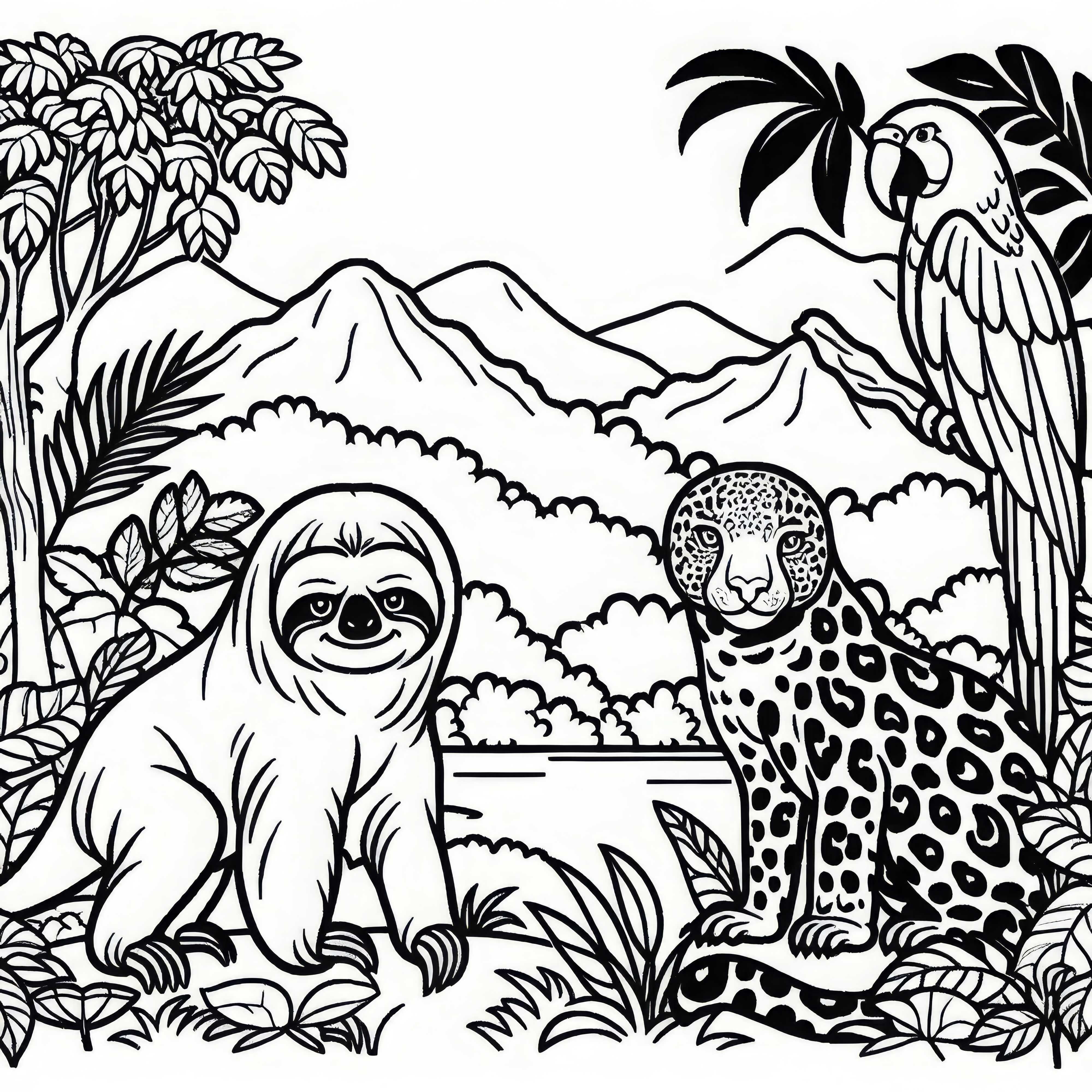 Coloring page rainforest with sloth, parrot, and jaguar from South America - Download for free Coloring page rainforest with sloth, parrot, and jaguar from South America - Free to download