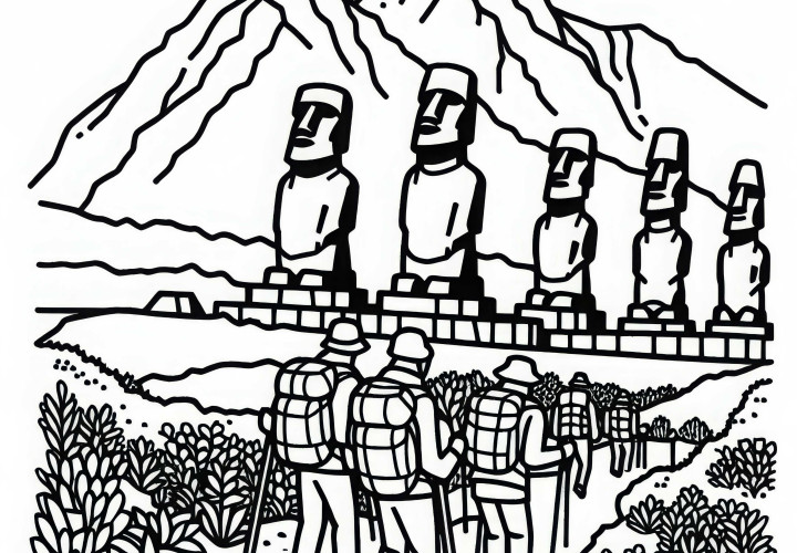 Easter Island statues in Chile with hikers – coloring page for South America Easter Island statues in Chile with hikers – coloring page for South America