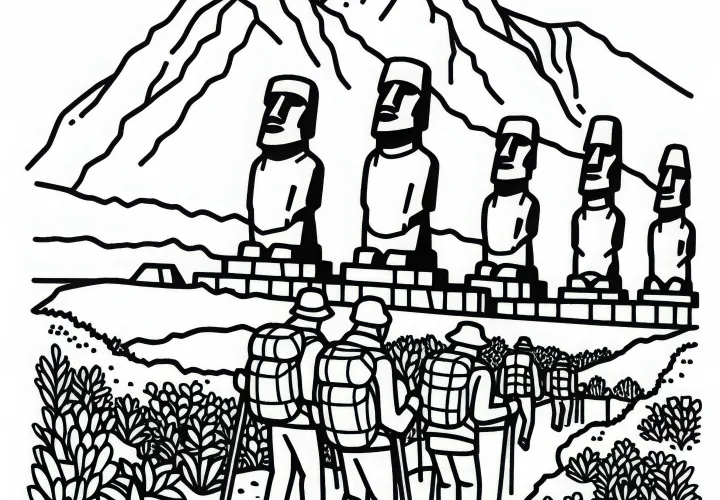 Patung Pulau Paskah di Chili dengan para pendaki - Gambar untuk diwarnai untuk Amerika Selatan