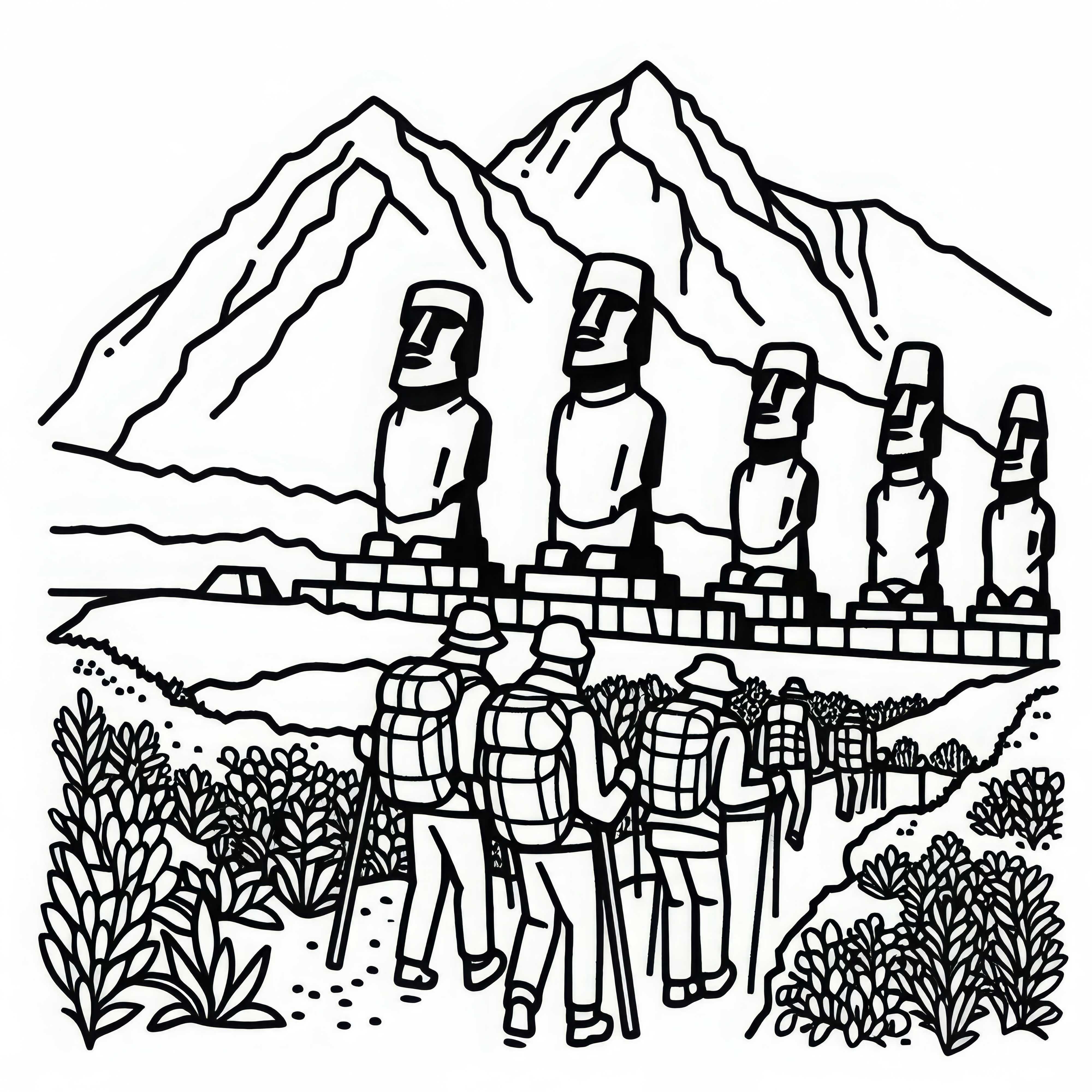 Easter Island statues in Chile with hikers – coloring page for South America Easter Island statues in Chile with hikers – Coloring page for South America