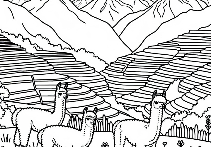 Andean landscape with alpacas and terraced fields - Free coloring page South America Andean landscape with alpacas and terraced fields – Free coloring page South America