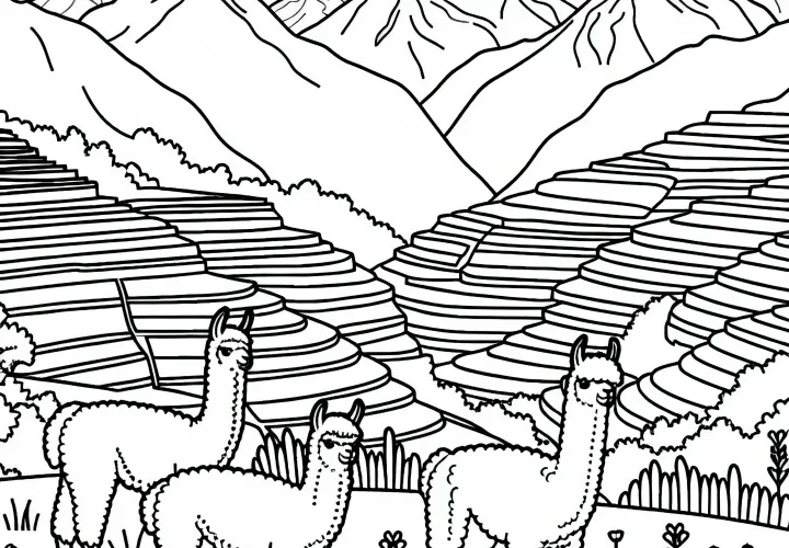 Pemandangan pegunungan dengan alpaka dan ladang teras - Gambar untuk diwarnai Amerika Selatan gratis