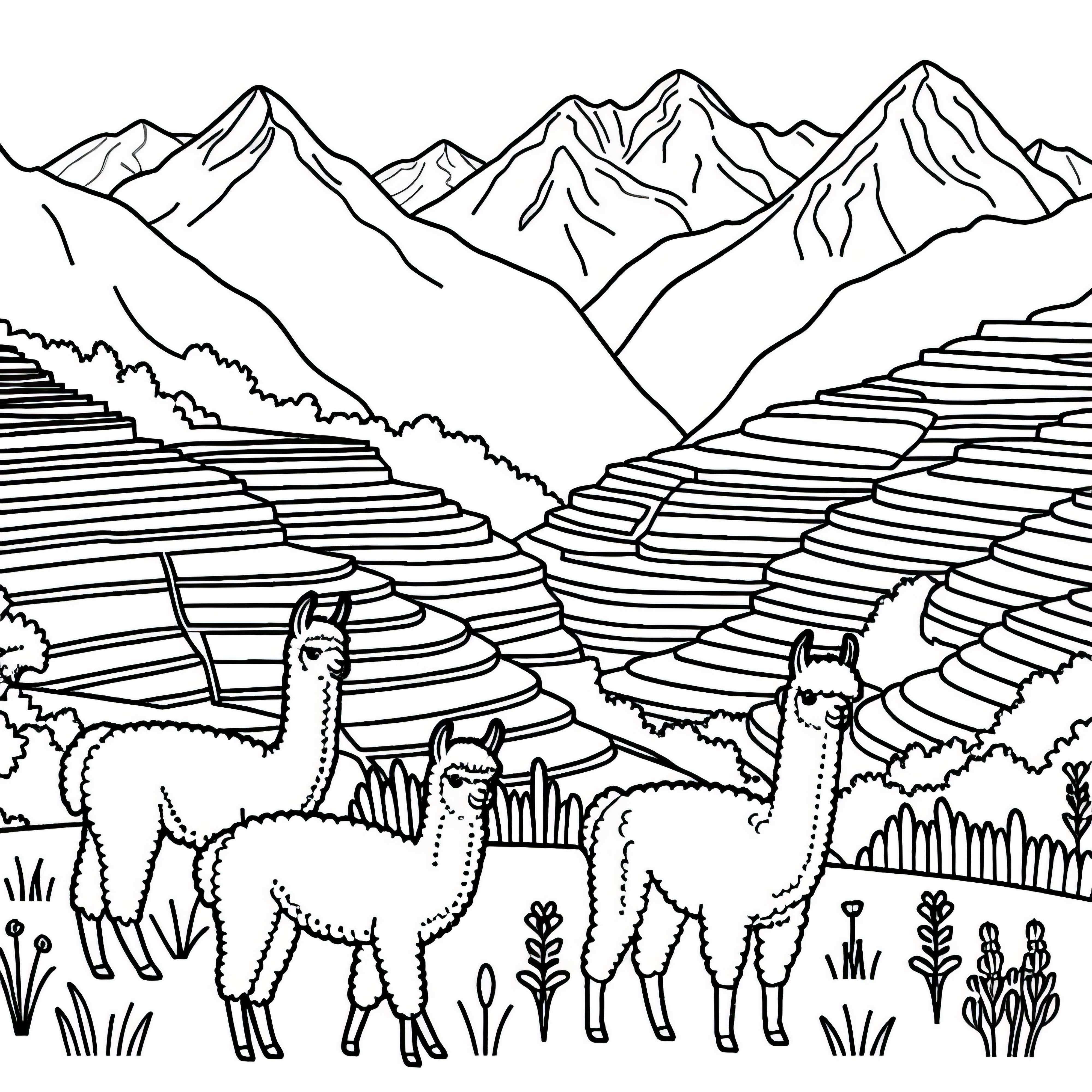 Andean landscape with alpacas and terraced fields - Free coloring page South America Andean landscape with alpacas and terraced fields – Coloring page South America free