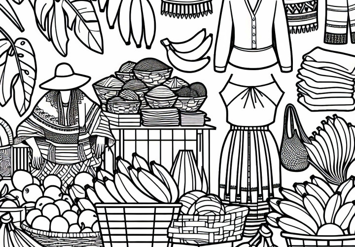 Market with bananas, cloths, and baskets as a coloring template from South America Market with bananas, cloths, and baskets as a coloring template from South America