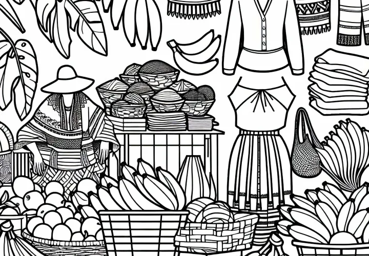 Pasar dengan pisang, kain, dan keranjang sebagai gambar pewarna dari Amerika Selatan