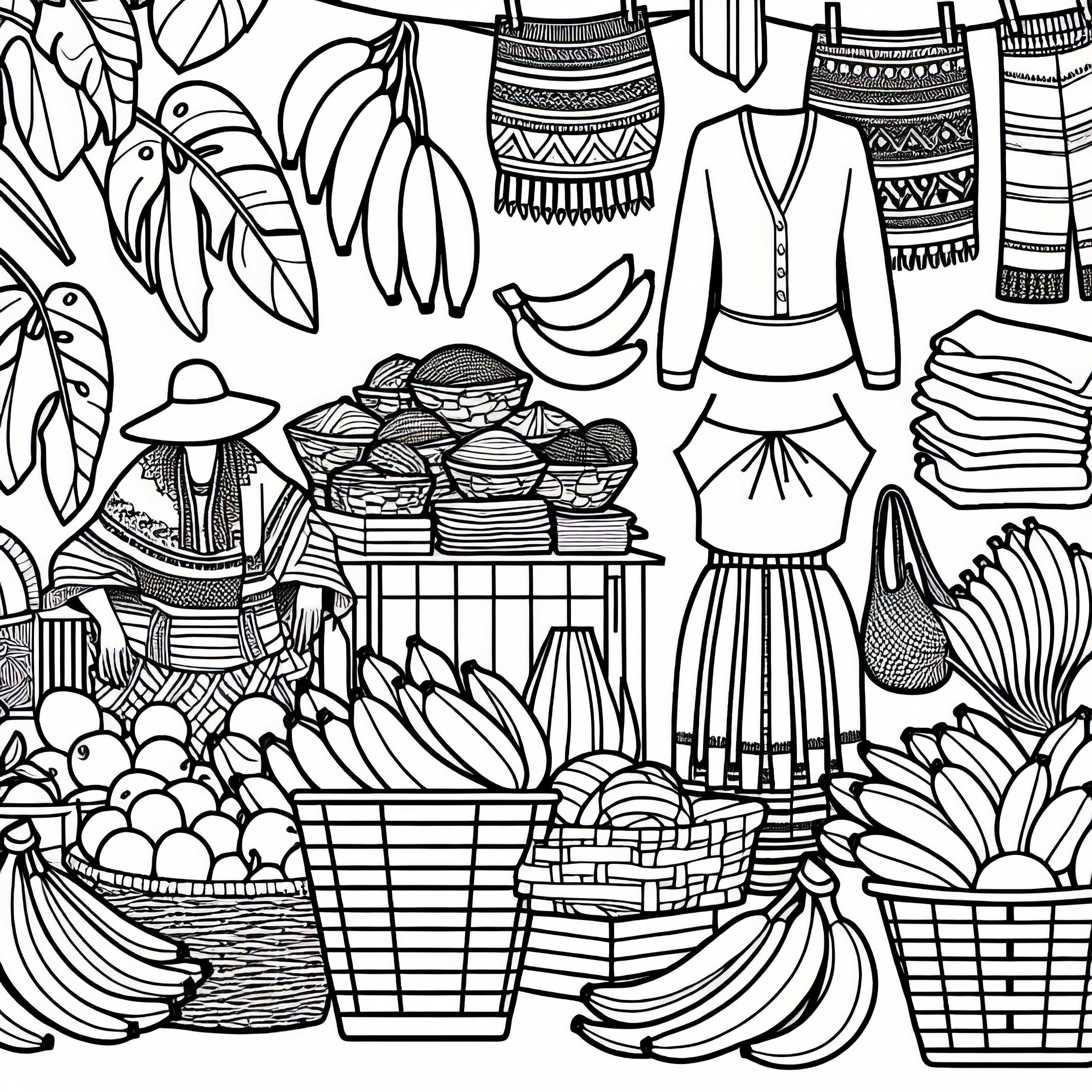 Market with bananas, cloths, and baskets as a coloring template from South America Market with bananas, fabrics, and baskets as a coloring template from South America