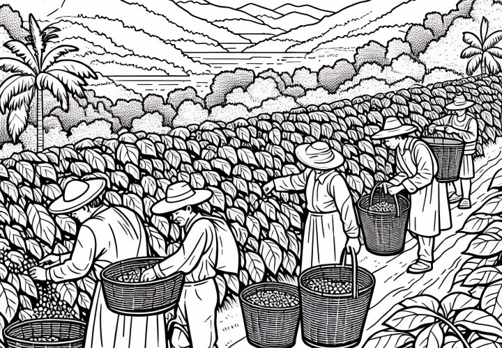Coffee plantation with pickers and baskets – coloring page South America free Coffee plantation with pickers and baskets – Free coloring page South America