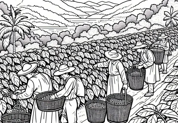 Perkebunan kopi dengan pemetik dan keranjang - Gambar mewarnai Amerika Selatan gratis