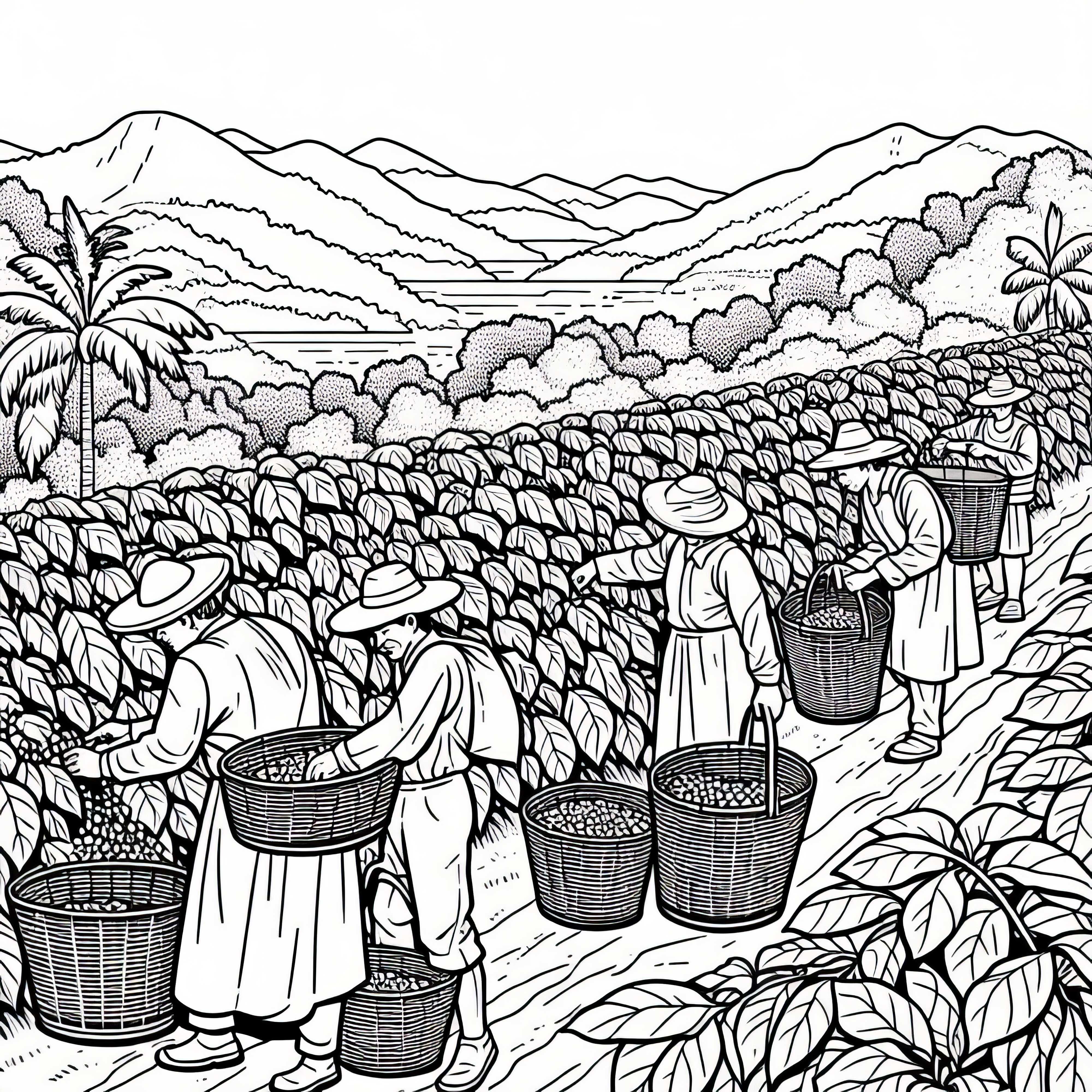 Coffee plantation with pickers and baskets - coloring page South America free Coffee plantation with pickers and baskets – coloring page South America free