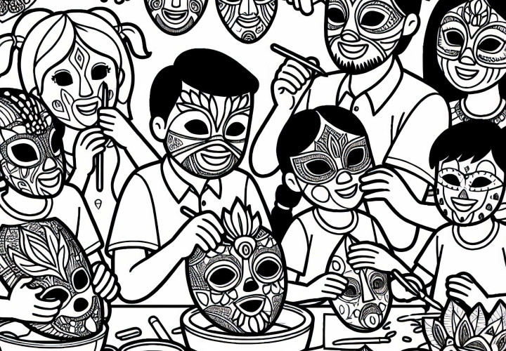 Children Craft Masks for Carnival Festival - Coloring Picture South America Free Children are crafting masks for Carnival festival - Coloring page South America Free