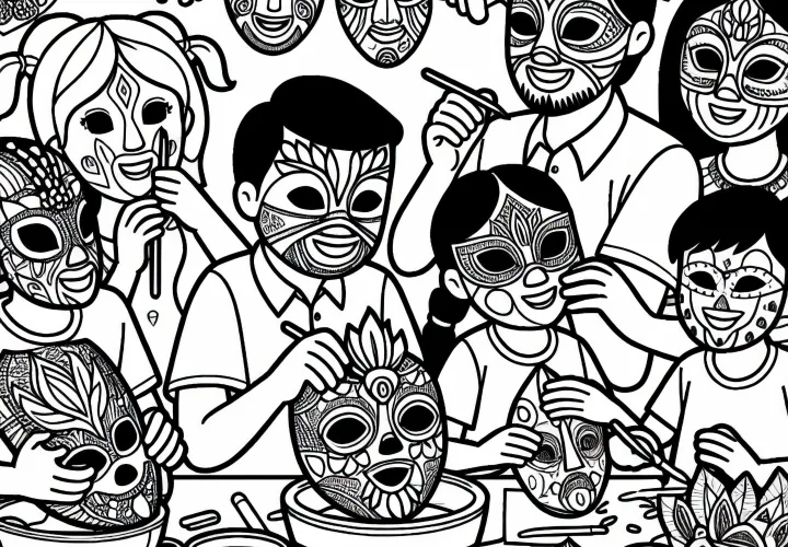 Anak-anak membuat topeng untuk pesta karnaval - Gambar untuk diwarnai Amerika Selatan Gratis