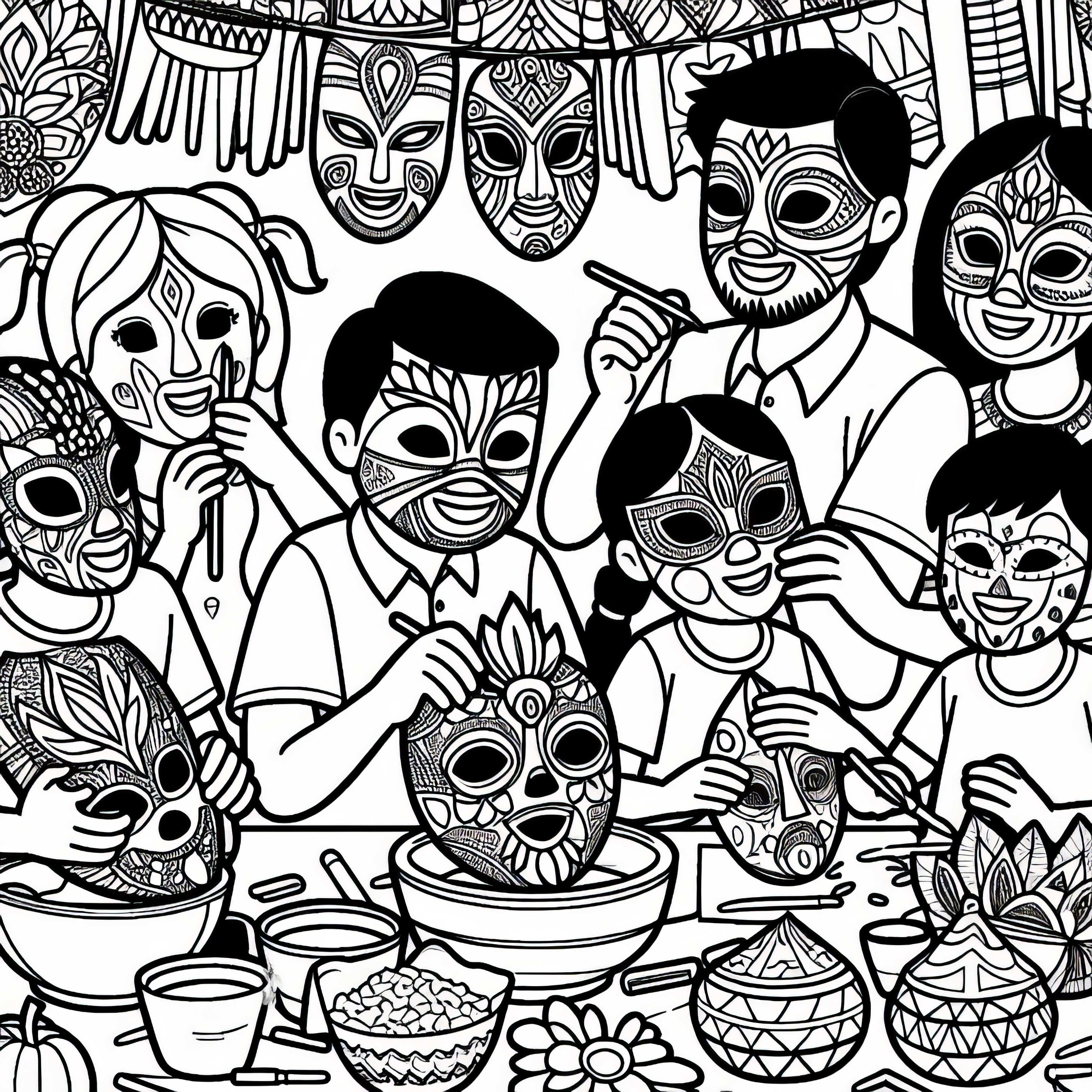 Children craft masks for Carnival celebrations - Free coloring page South America Children Craft Masks for Carnival Celebration – Coloring Page South America Free
