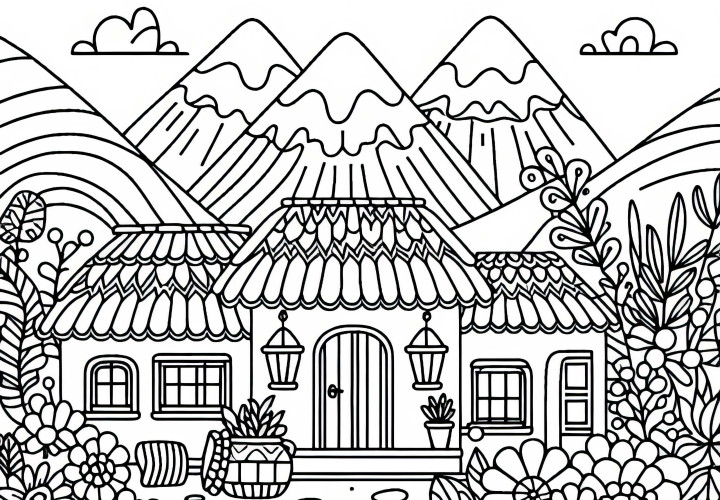 Typical village building with clay houses and flowers – Free coloring page South America Typical village building with mud houses and flowers - coloring page South America free