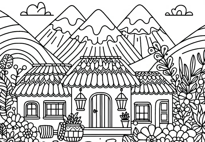 Bangunan desa khas dengan rumah lumpur dan bunga – Gambar mewarnai Amerika Selatan gratis